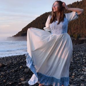 Handmade Gunne Sax Vintage Style Prairie Dress Blue & White Maxi Dress
